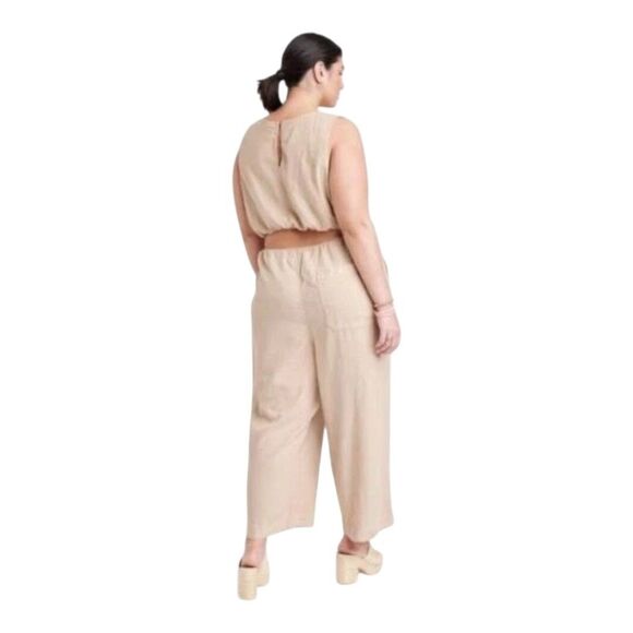 Universal Thread Linen Jumpsuit Plus Sz XXL Tan VNeck Cutout Back Elastic Waist - Picture 2 of 9